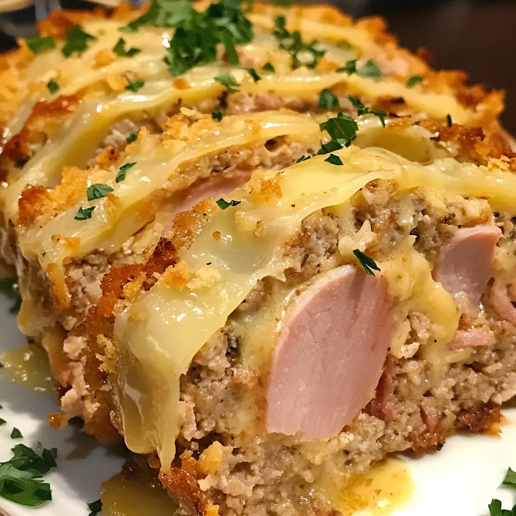 Chicken Cordon Bleu Meatloaf, Chicken Meatloaf, Cordon Bleu Meatloaf, stuffed meatloaf recipe, easy meatloaf, comfort food, creamy sauce, dinner recipe, unique meatloaf ideas