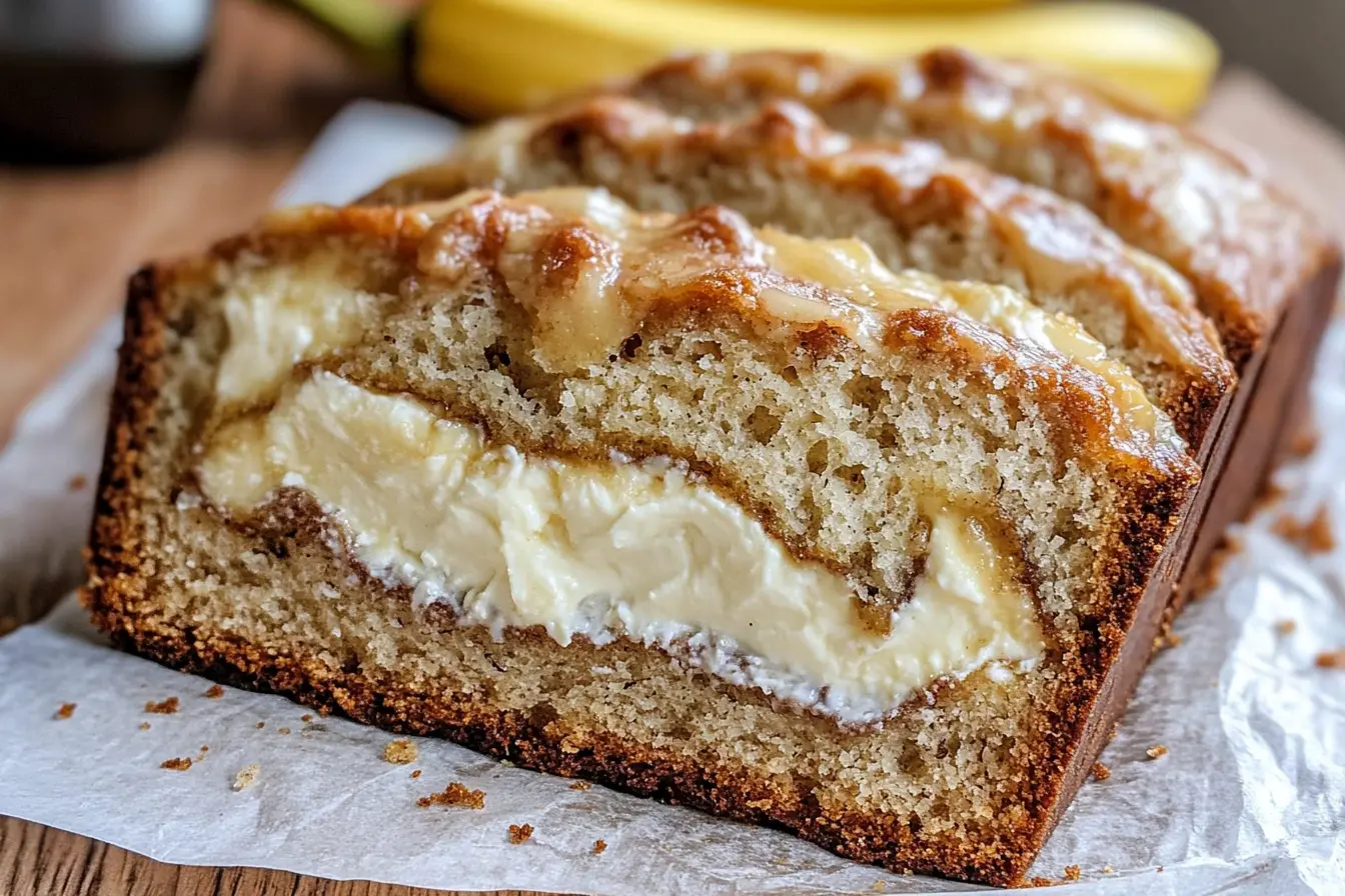 cream cheese-filled banana bread, banana bread recipe, cream cheese frosting, moist banana bread, easy banana bread, fall baking recipes, banana bread with cream cheese, homemade banana bread, breakfast breads