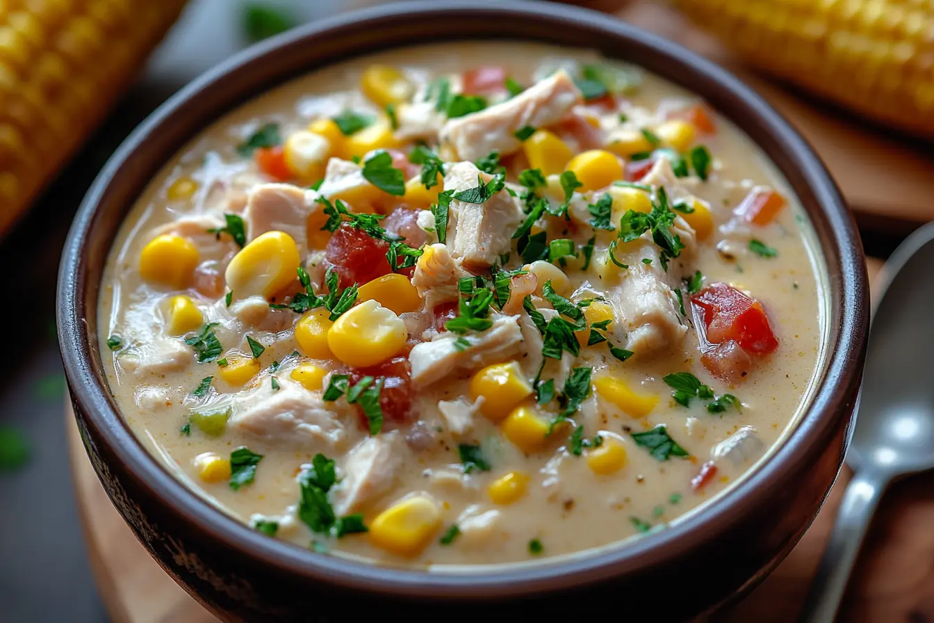 chicken chowder, creamy soup recipes, corn soup, hearty chicken soup, comfort food, slow cooker chowder, summer corn recipes