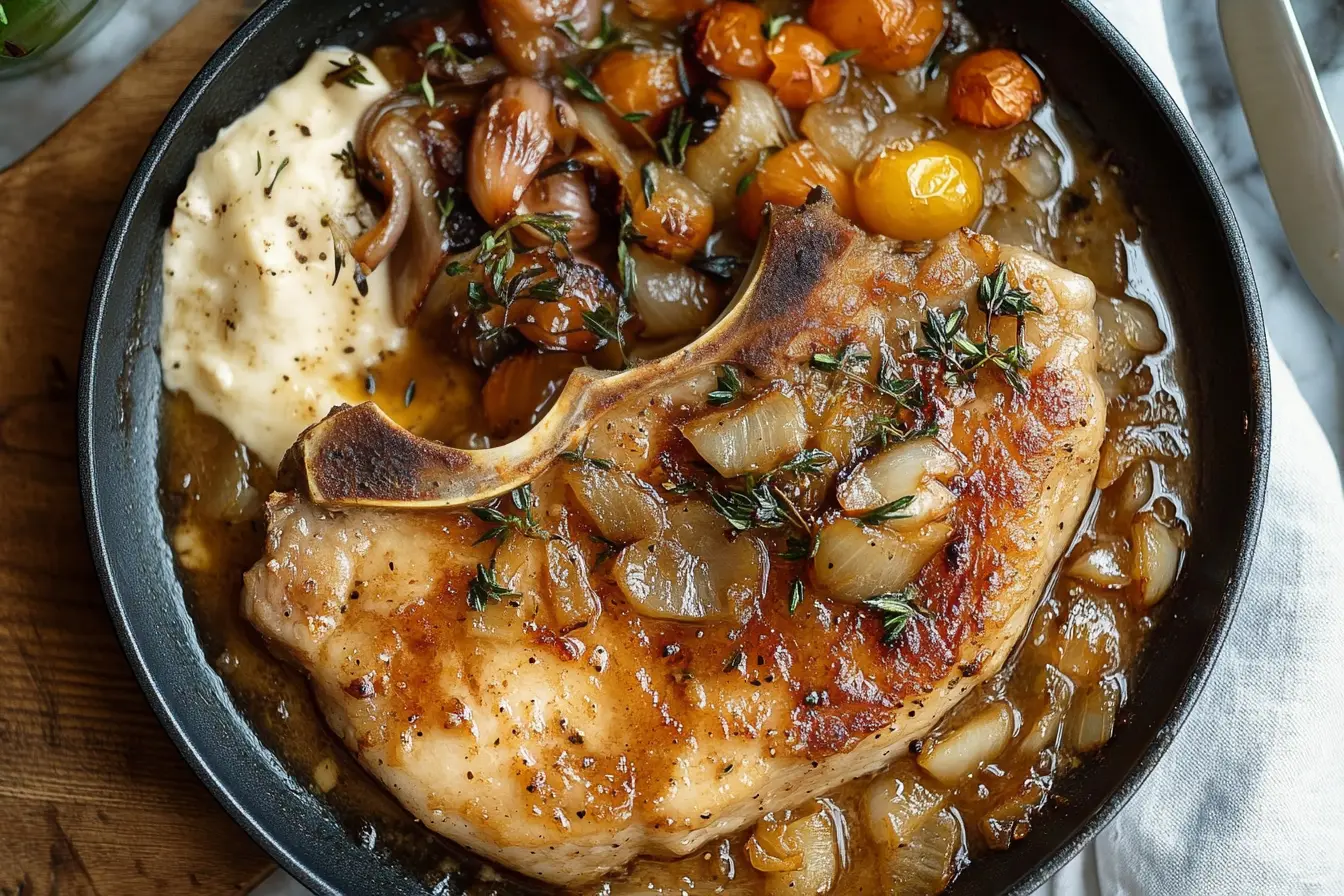 French Onion Pork Chops, French onion soup, savory pork chops, one-pan meals, easy dinner recipes, comfort food, hearty family meal, French-inspired recipes, weeknight dinners