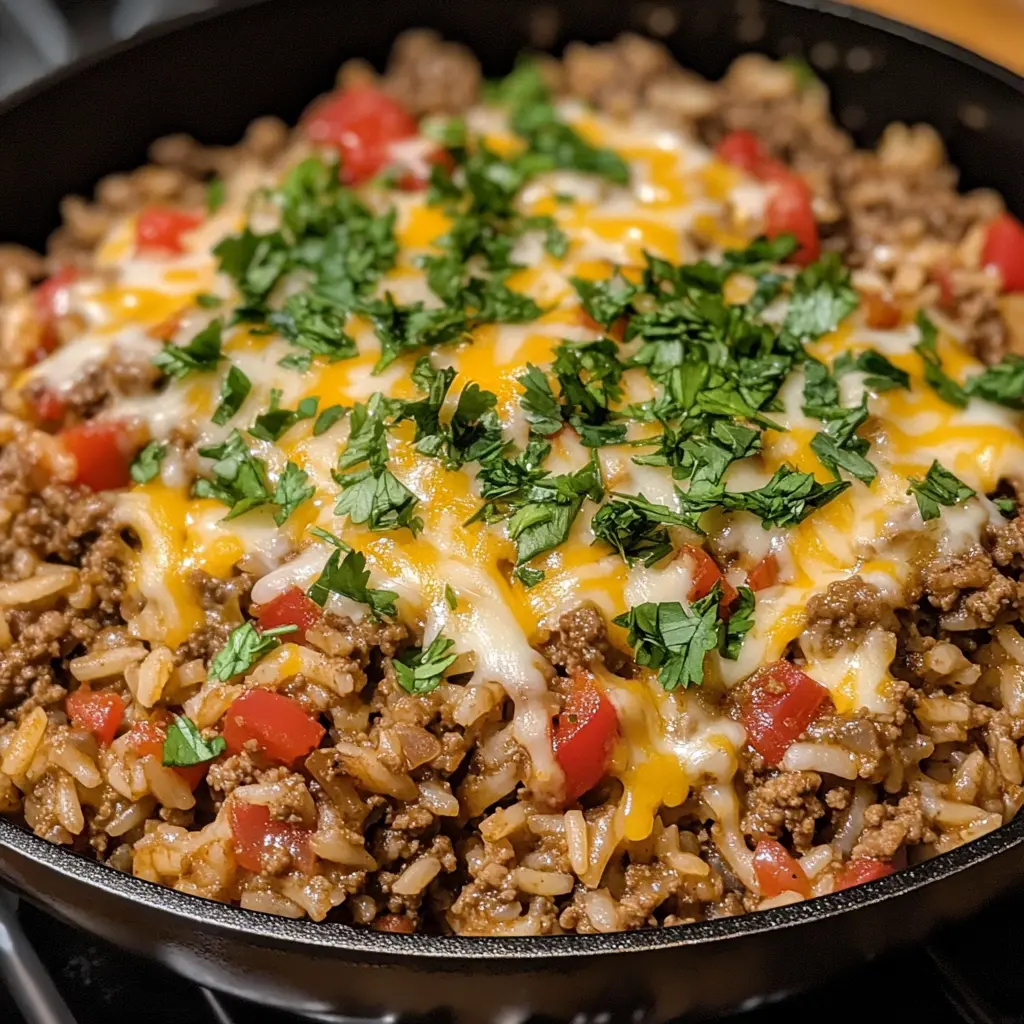 ground beef recipes, one-pan meals, skillet dinner recipes, easy ground beef skillet, family-friendly dinner, quick rice dishes, comfort food recipes