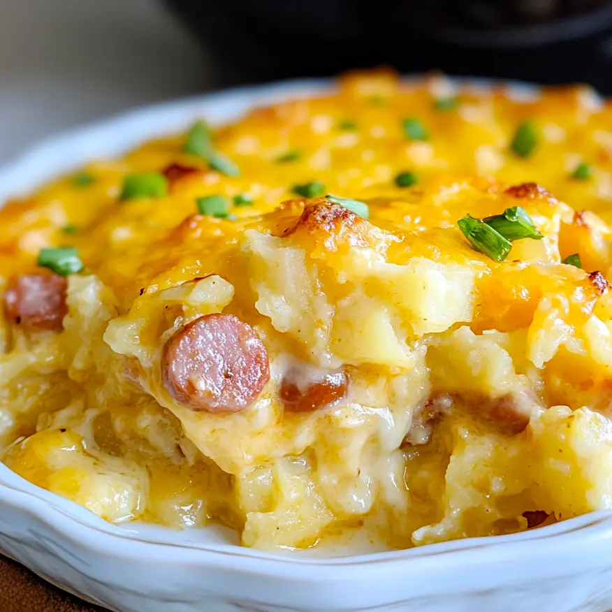 slow cooker breakfast casserole, cheesy kielbasa casserole, hashbrown casserole, easy breakfast recipes, comfort food, gluten-free breakfast ideas, cheesy potato casserole, hearty breakfast dishes, family-friendly meals