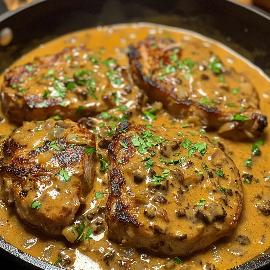 pork chop recipes, smothered pork chops, comfort food, easy weeknight dinners, southern pork chops, creamy mushroom sauce, skillet pork chops