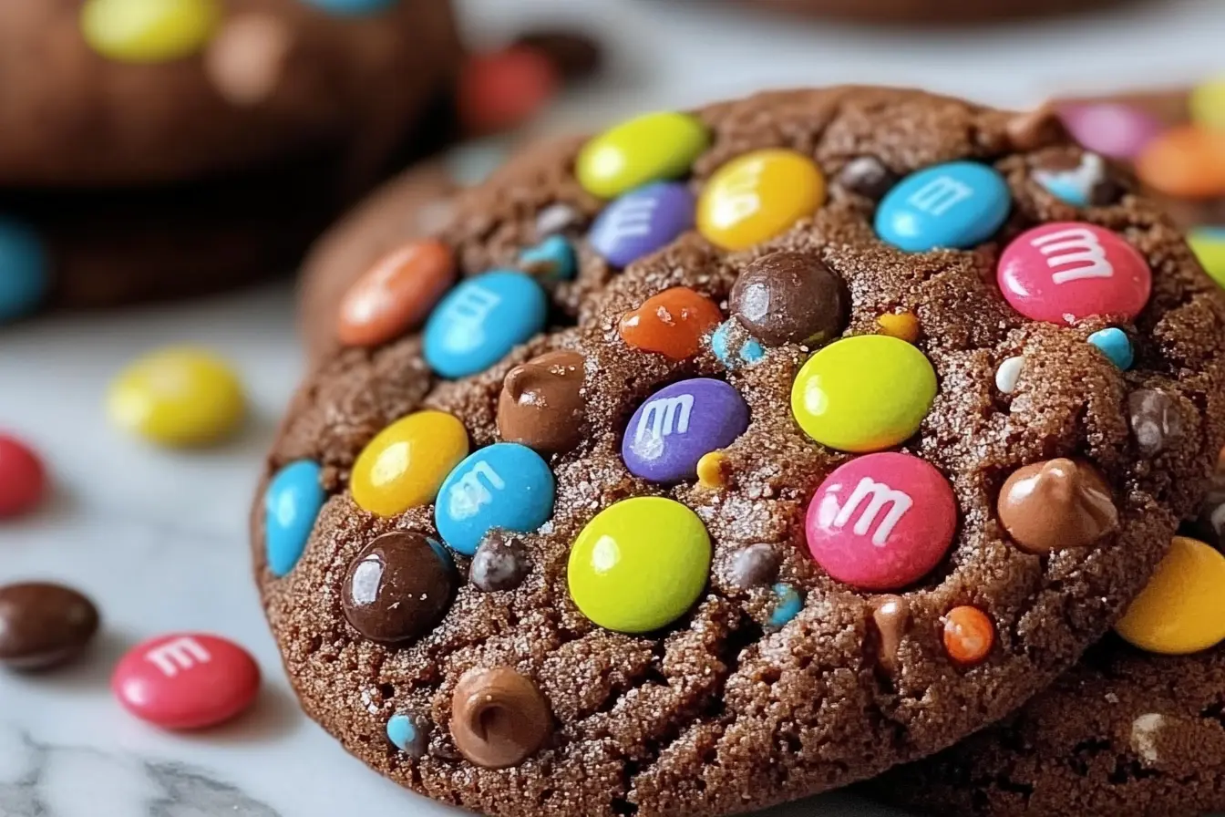 soft chocolate M&M cookies, M&M cookies, chocolate cookies, chewy chocolate cookies, soft-baked cookies, kids' dessert recipes, easy cookie recipes, party dessert ideas, colorful cookies