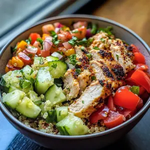 Greek chicken, quinoa bowl, healthy meal prep, Mediterranean diet, chicken quinoa salad, easy weeknight dinner, fresh ingredients salad