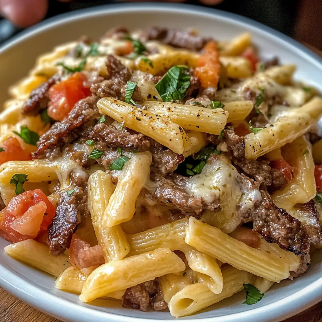 Philly cheesesteak pasta, pasta recipes, comfort food, one-pot pasta, creamy pasta dishes, quick dinner recipes, family-friendly meals