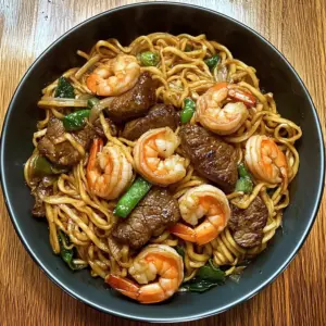 steak recipes, shrimp stir-fry, stir-fried noodles, dinner recipes, quick Asian recipes, surf and turf, one-pan meals