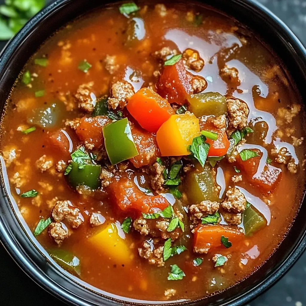 stuffed pepper soup, healthy soup recipes, ground beef soup, easy weeknight meals, bell pepper recipes, cozy comfort food, gluten-free soup