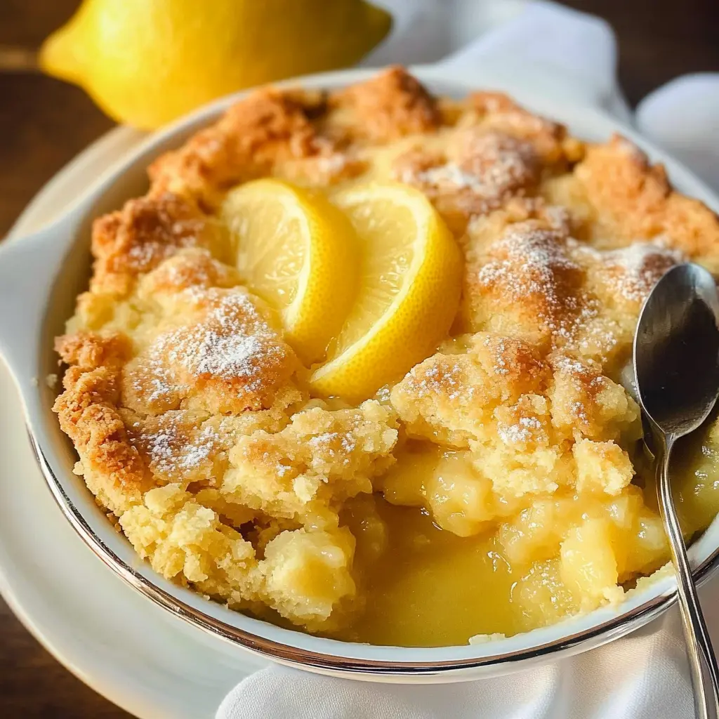 lemon dessert, lemon cobbler, easy lemon recipes, summer dessert, magic dessert recipe, quick lemon cobbler, fruity cobbler