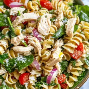 chicken salad, spinach pasta salad, healthy pasta salad, easy chicken recipes, summer salad, light lunch ideas, lemon dressing pasta salad