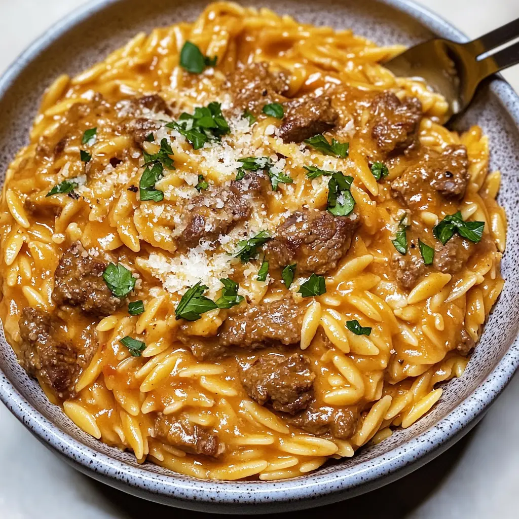 beef recipes, orzo recipes, tomato cream sauce, one-pot meals, creamy pasta dishes, comforting dinner recipes, easy weeknight dinner