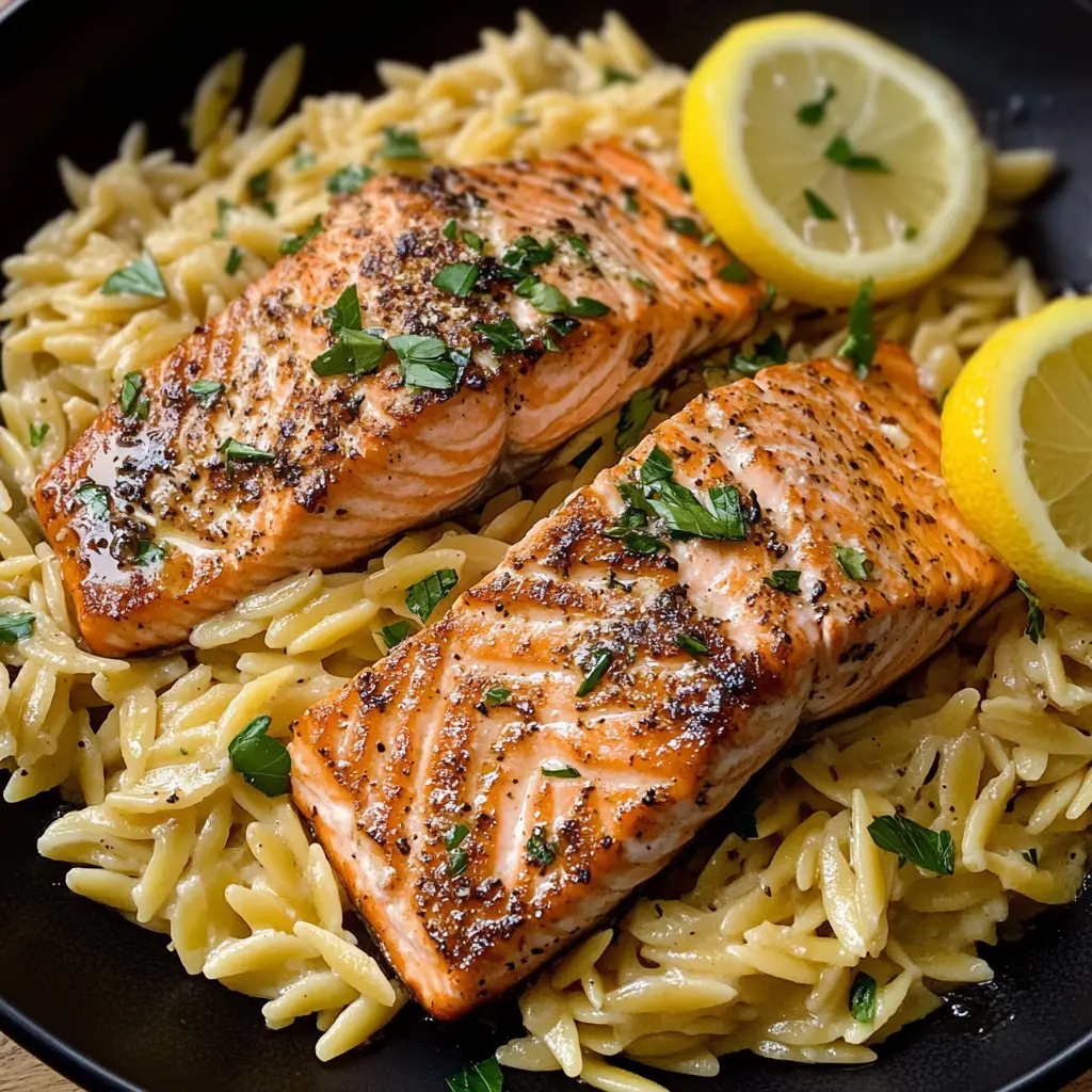seared salmon, lemon orzo, healthy dinner recipes, easy salmon recipes, weeknight meals, Mediterranean recipes, one-pan dinner
