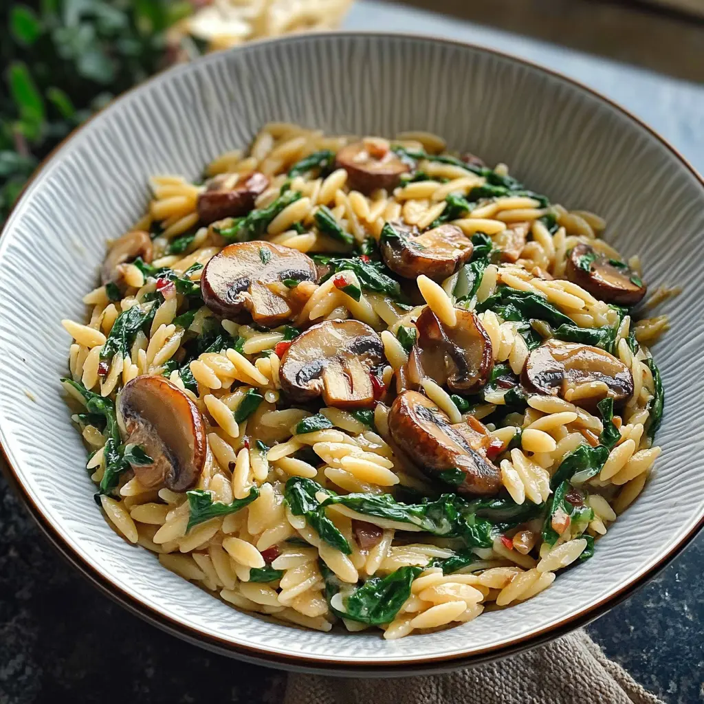 spinach recipes, mushroom orzo, vegetarian pasta dishes, creamy orzo, easy weeknight meals, healthy pasta recipes, one-pot pasta dishes