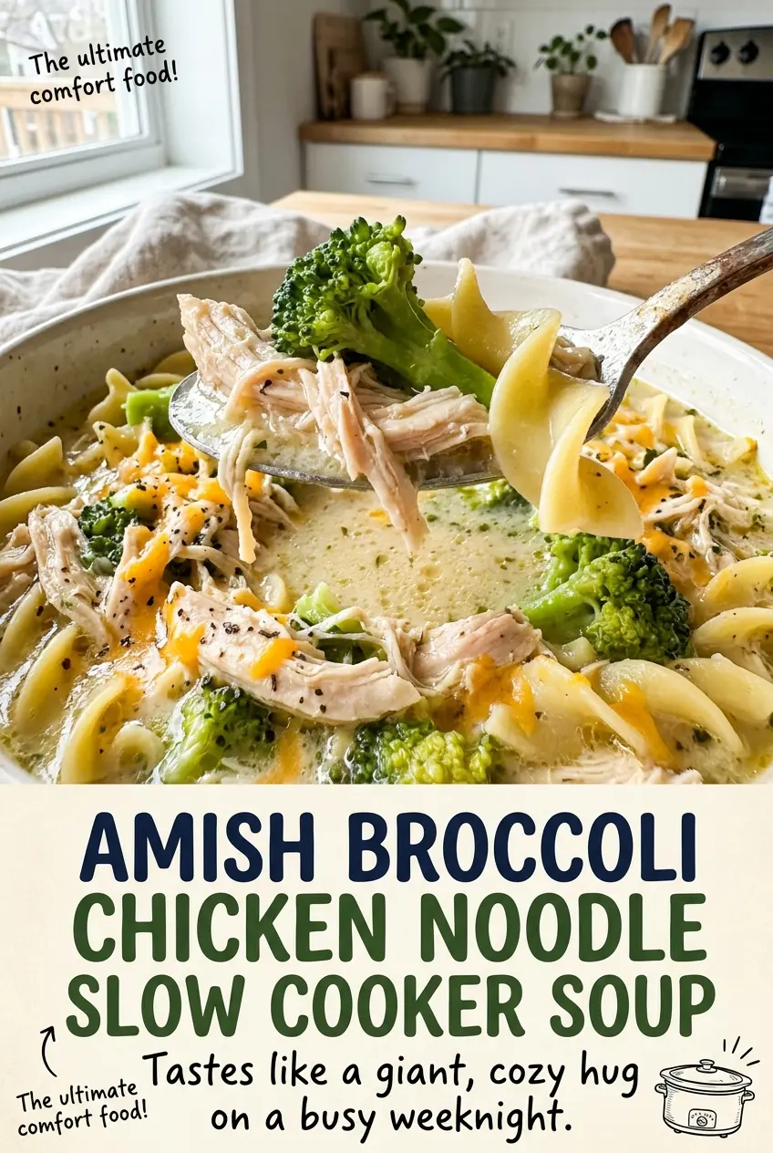 Amish broccoli chicken noodle slow cooker soup creamy broccoli