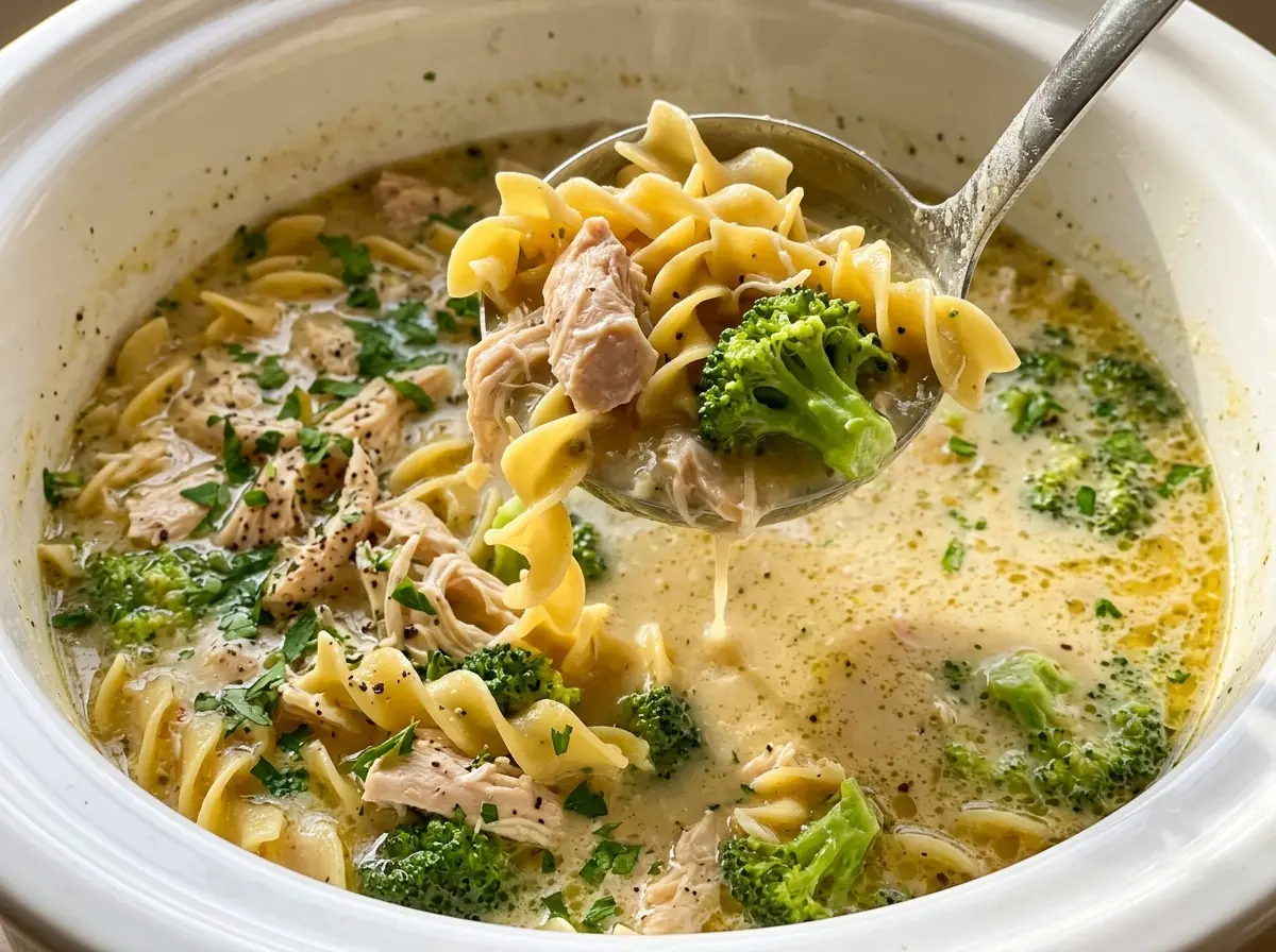 Amish broccoli chicken noodle soup creamy hearty bowl