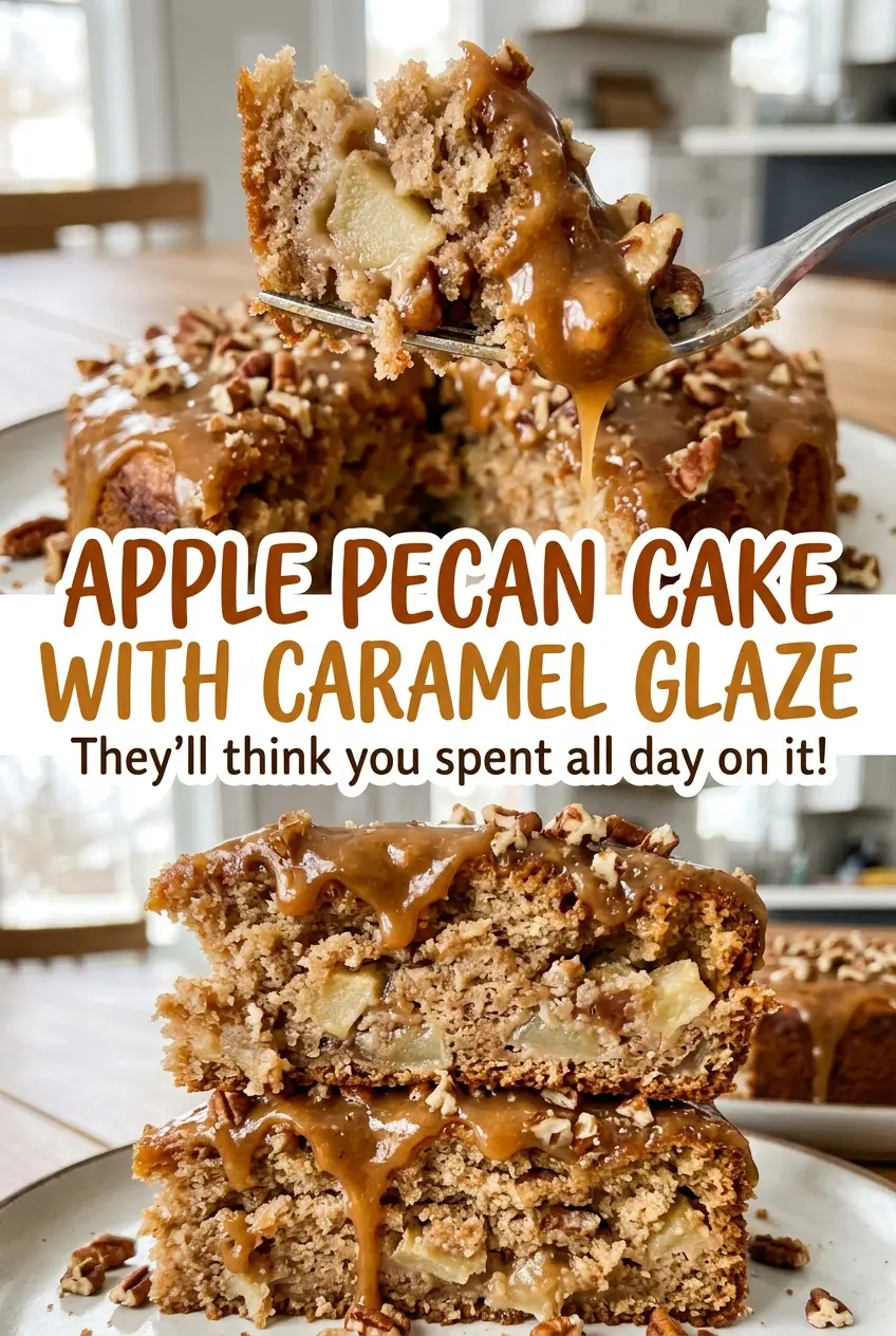 Apple Pecan Cake with Caramel Glaze, glossy caramel finish
