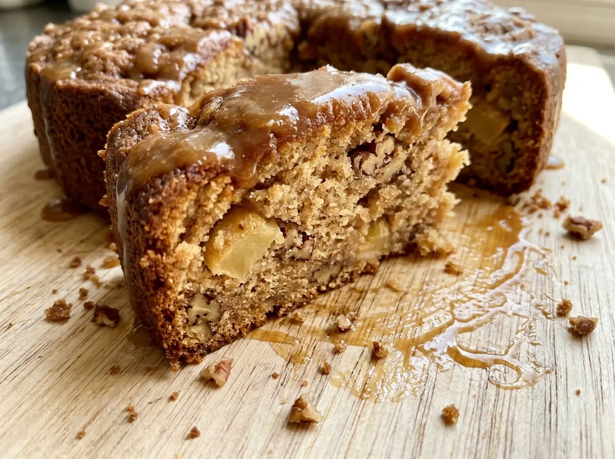 Apple Pecan Cake with Caramel Glaze, tender golden crumb