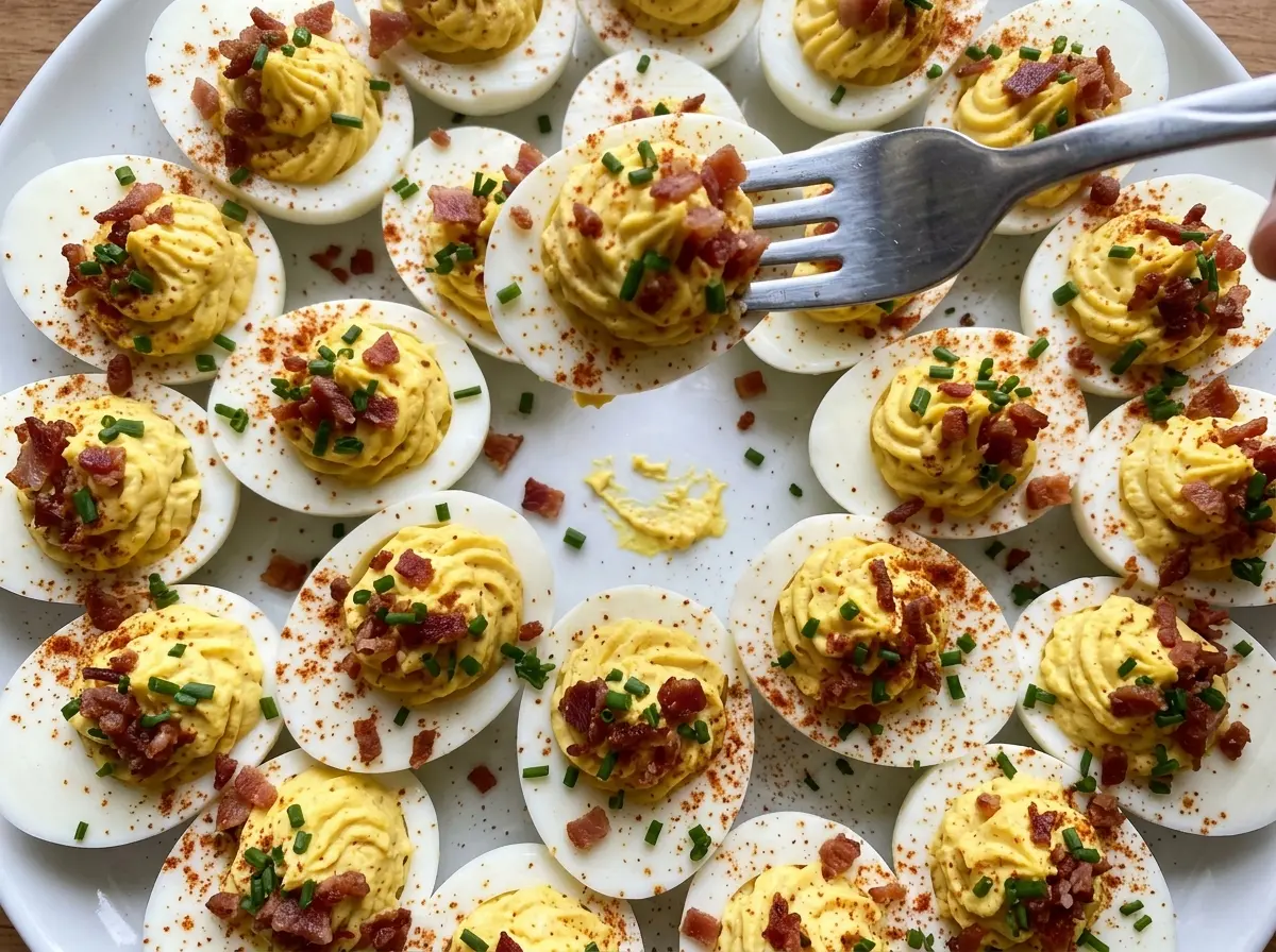 Bacon Deviled Eggs with crisp bacon