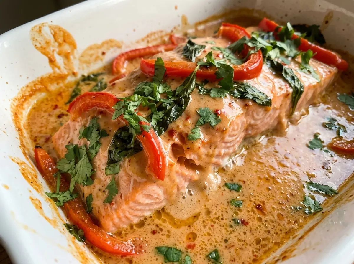 Baked Thai Red Curry Salmon coconut curry sauce