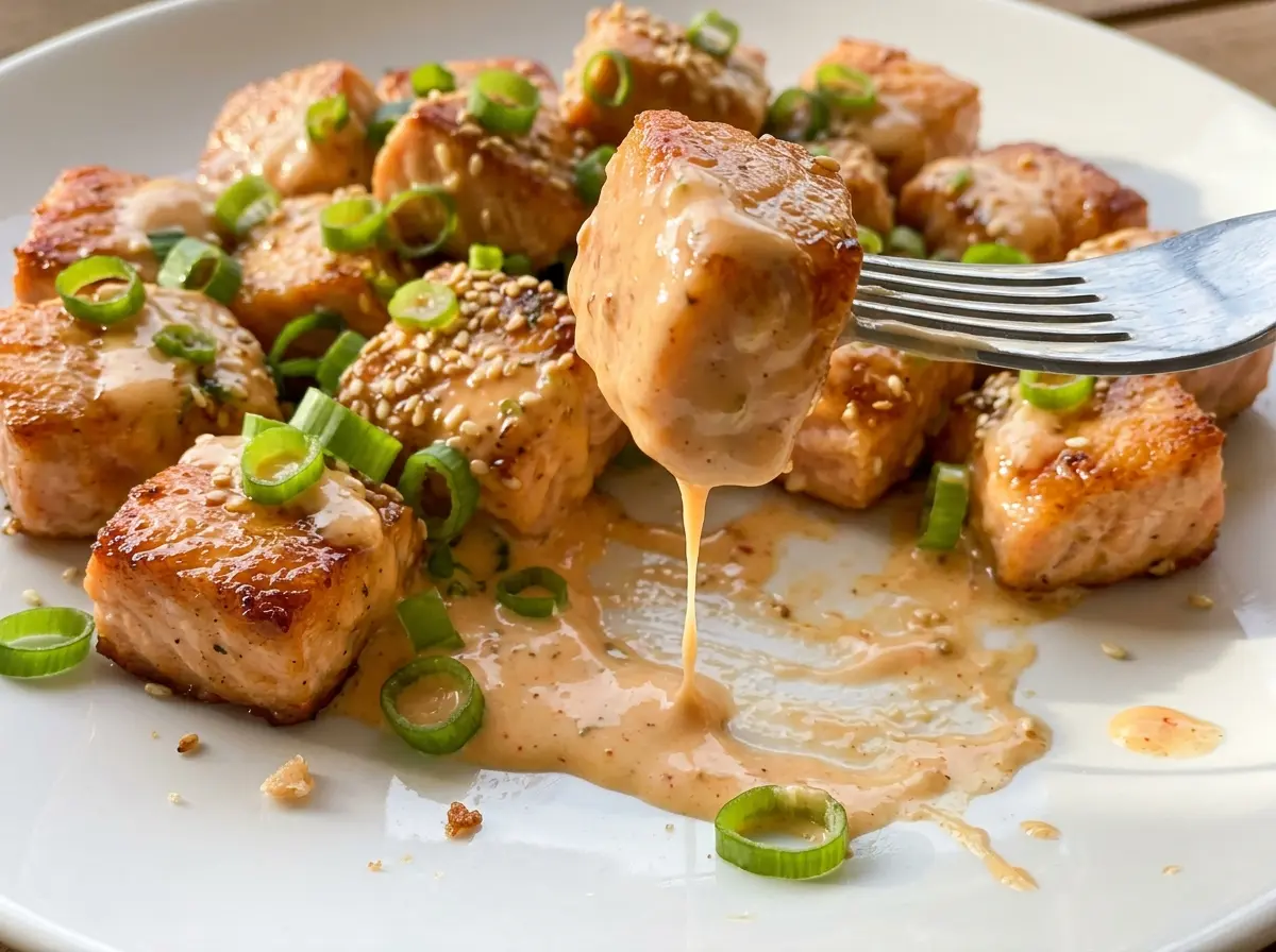Bang Bang Salmon Bites glossy chili-coated cubes