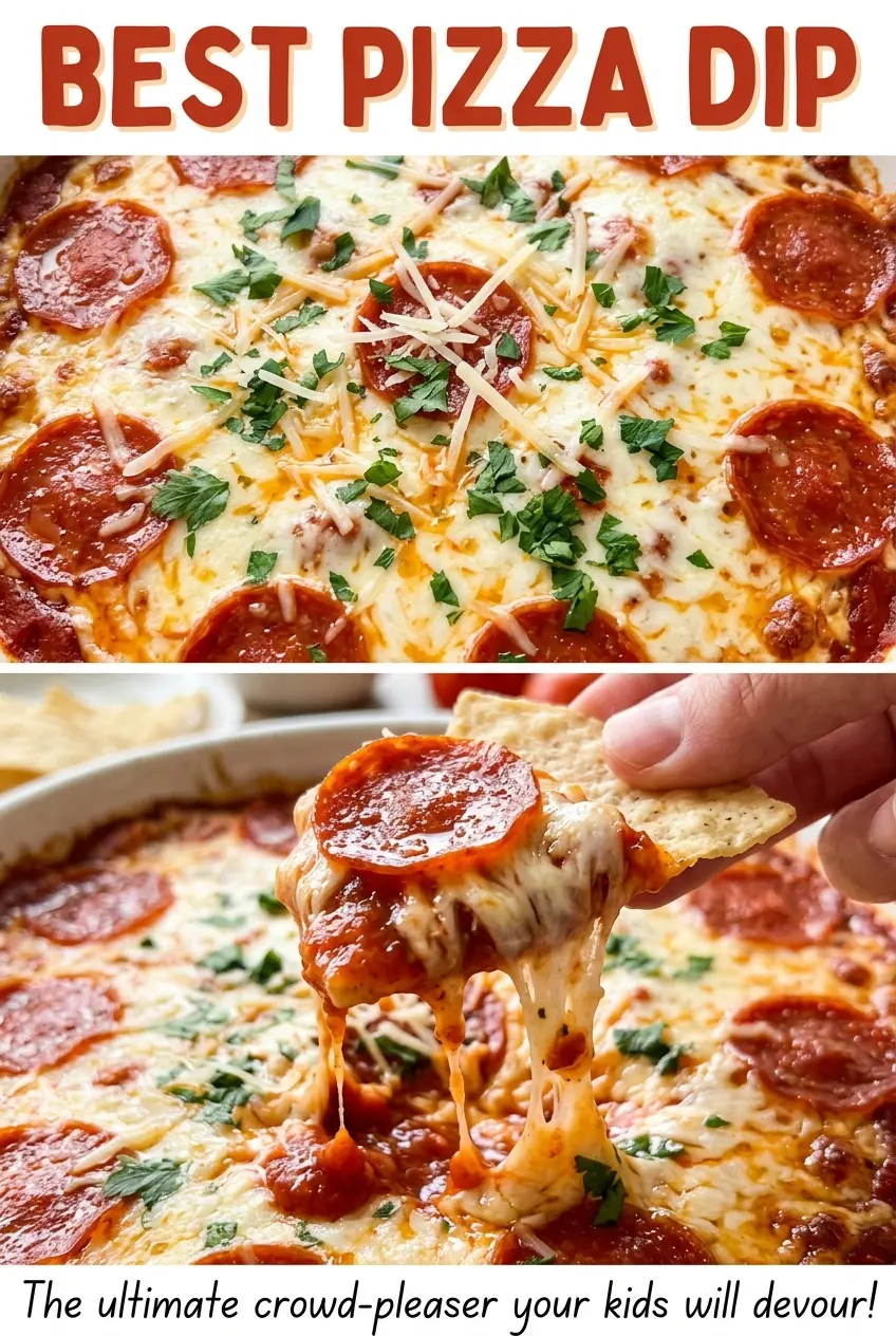 Best Pizza Dip layered baked cheese
