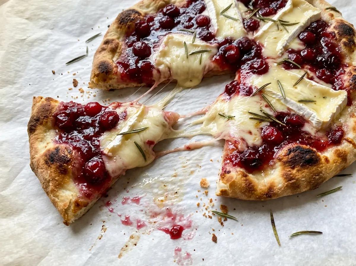 Brie and cranberry flatbread, bubbling and crisp