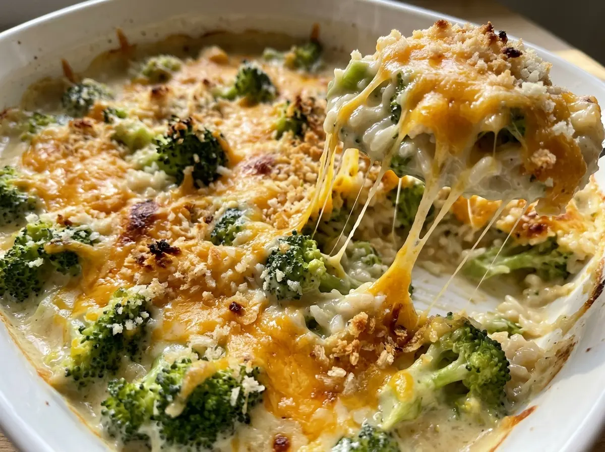 Broccoli Rice Casserole creamy cheddar
