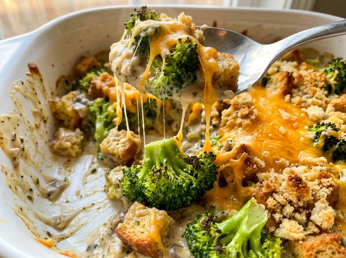 Broccoli Stuffing Casserole golden cheesy topping