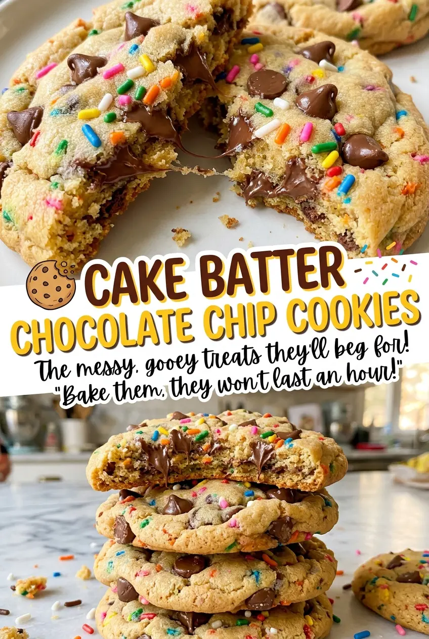 Cake Batter Chocolate Chip Cookies with colorful sprinkle tops