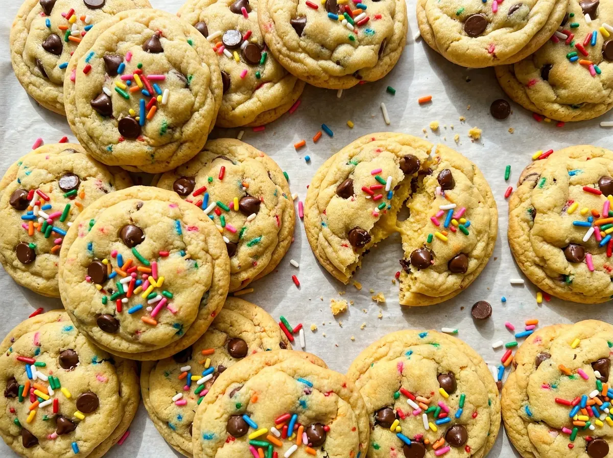 Cake Batter Chocolate Chip Cookies with colorful sprinkle tops