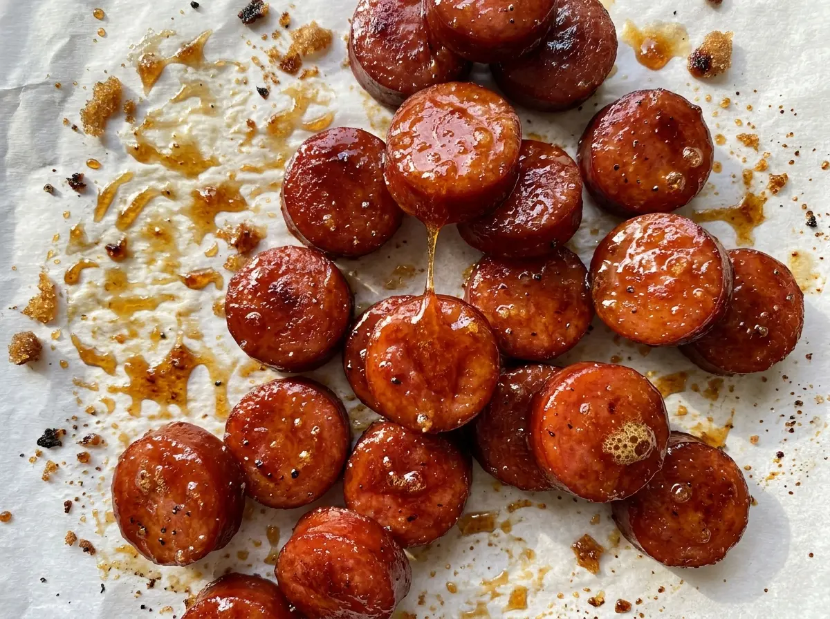 Candied Kielbasa Bites sticky browned rounds