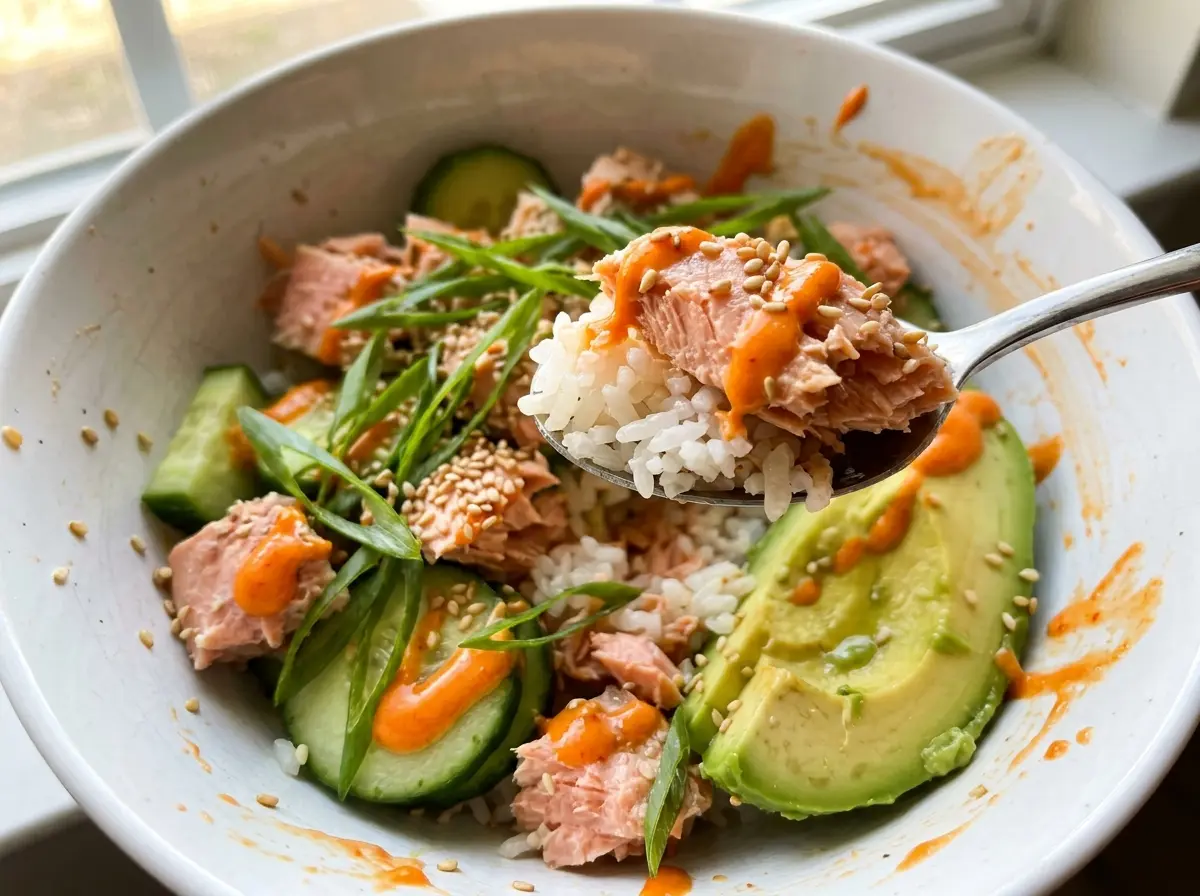 Canned Salmon Rice Bowl flaky salmon fresh toppings