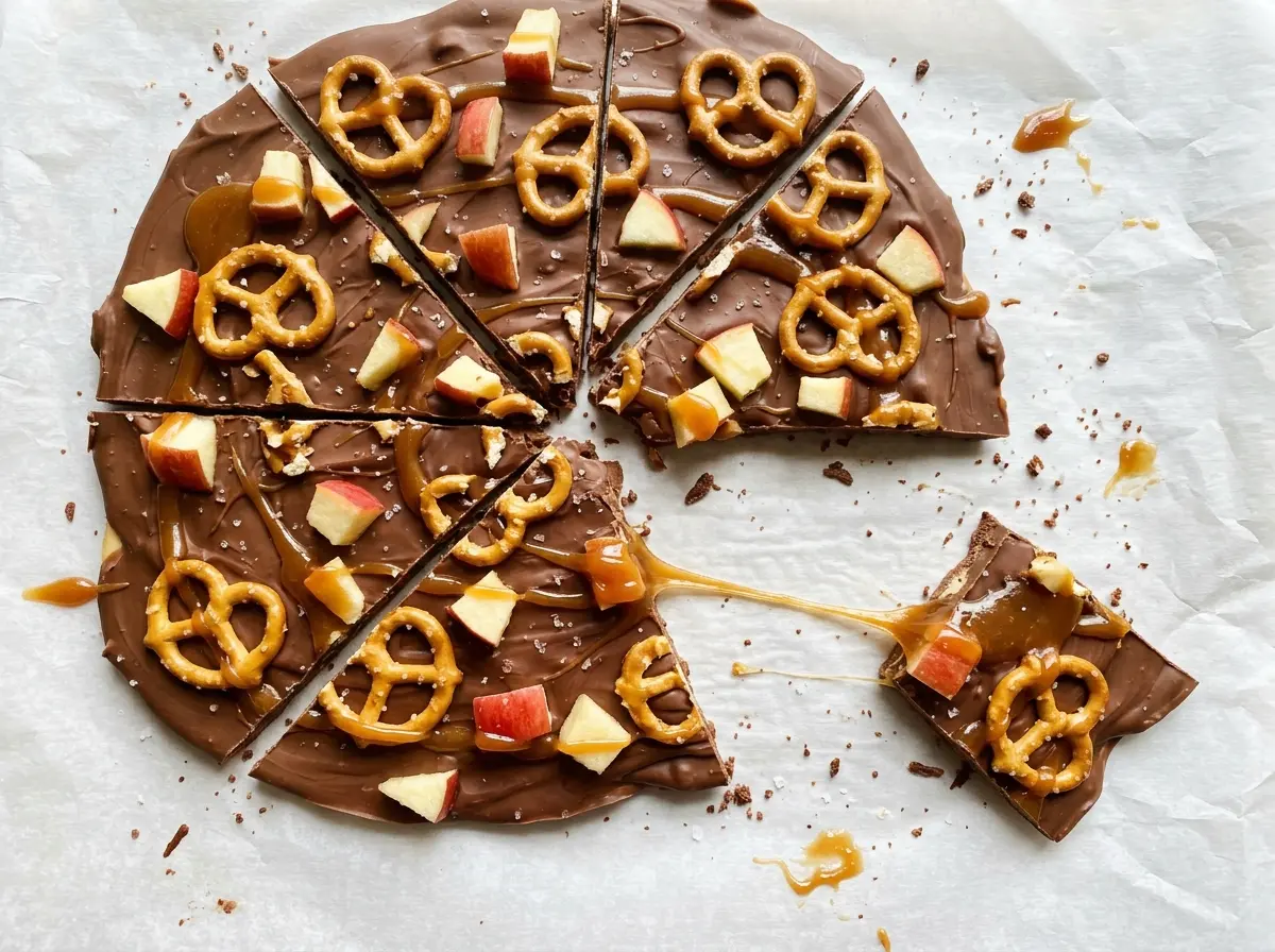 Caramel Apple Bark with Pretzels cinnamon-speckled, caramel-drizzled