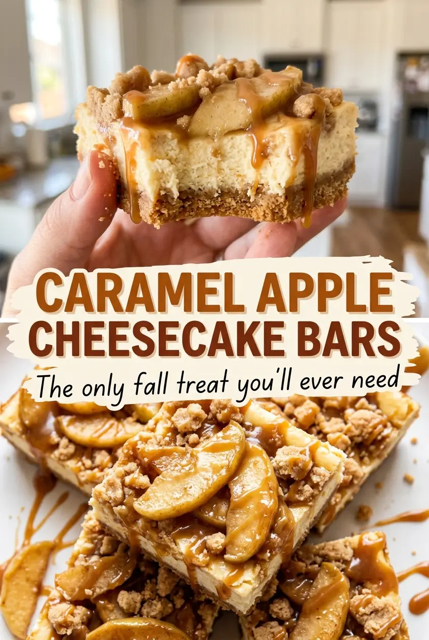 Caramel Apple Cheesecake Bars with tart apple layers