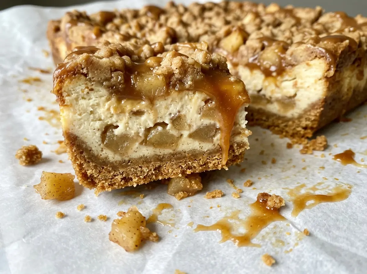 Caramel Apple Cheesecake Bars with golden oat streusel