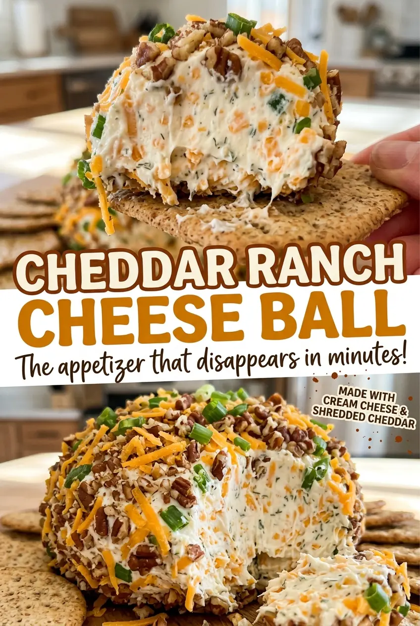 Cheddar Ranch Cheese Ball creamy center and pecan crust