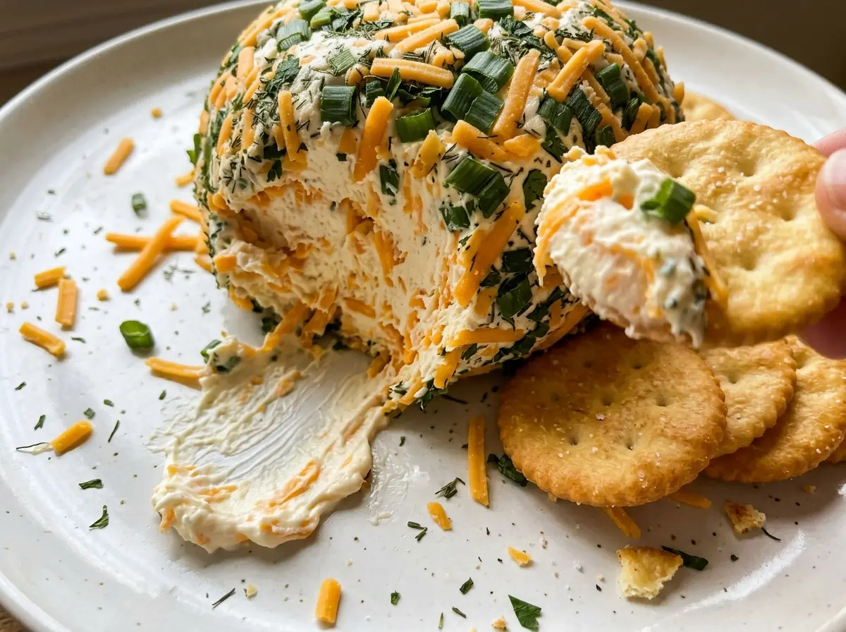 Cheddar Ranch Cheese Ball with crunchy pecan coating