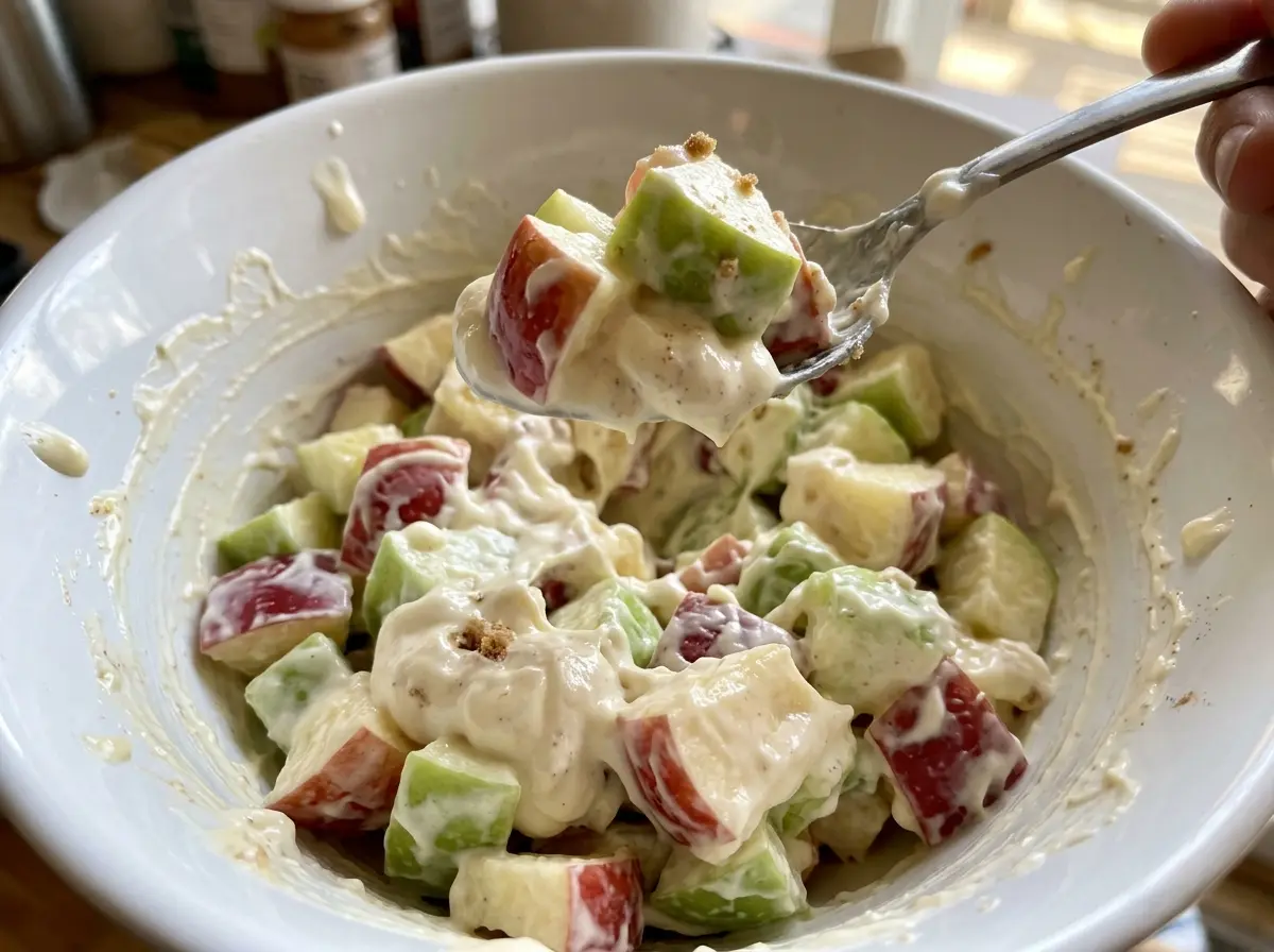 Cheesecake Apple Salad with caramel drizzle