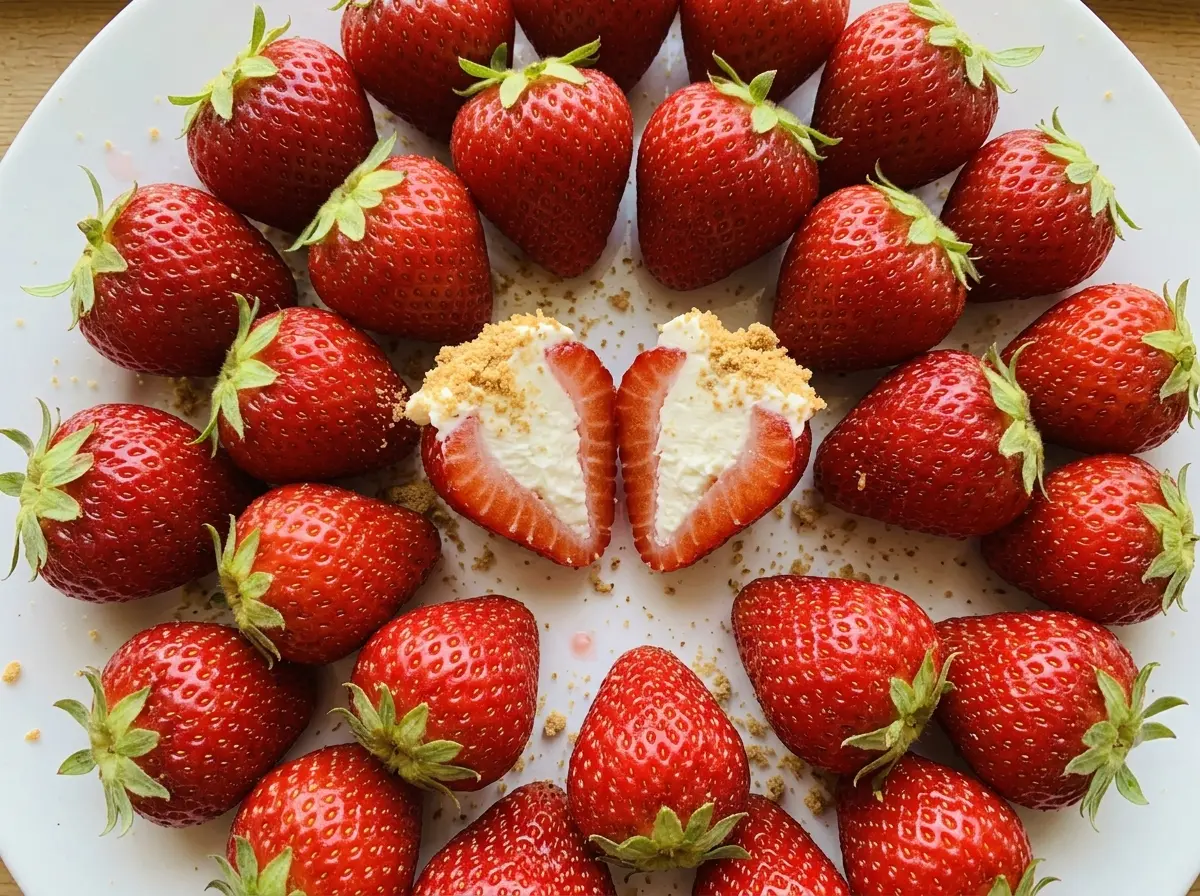 Cheesecake stuffed strawberries with creamy, graham-topped filling