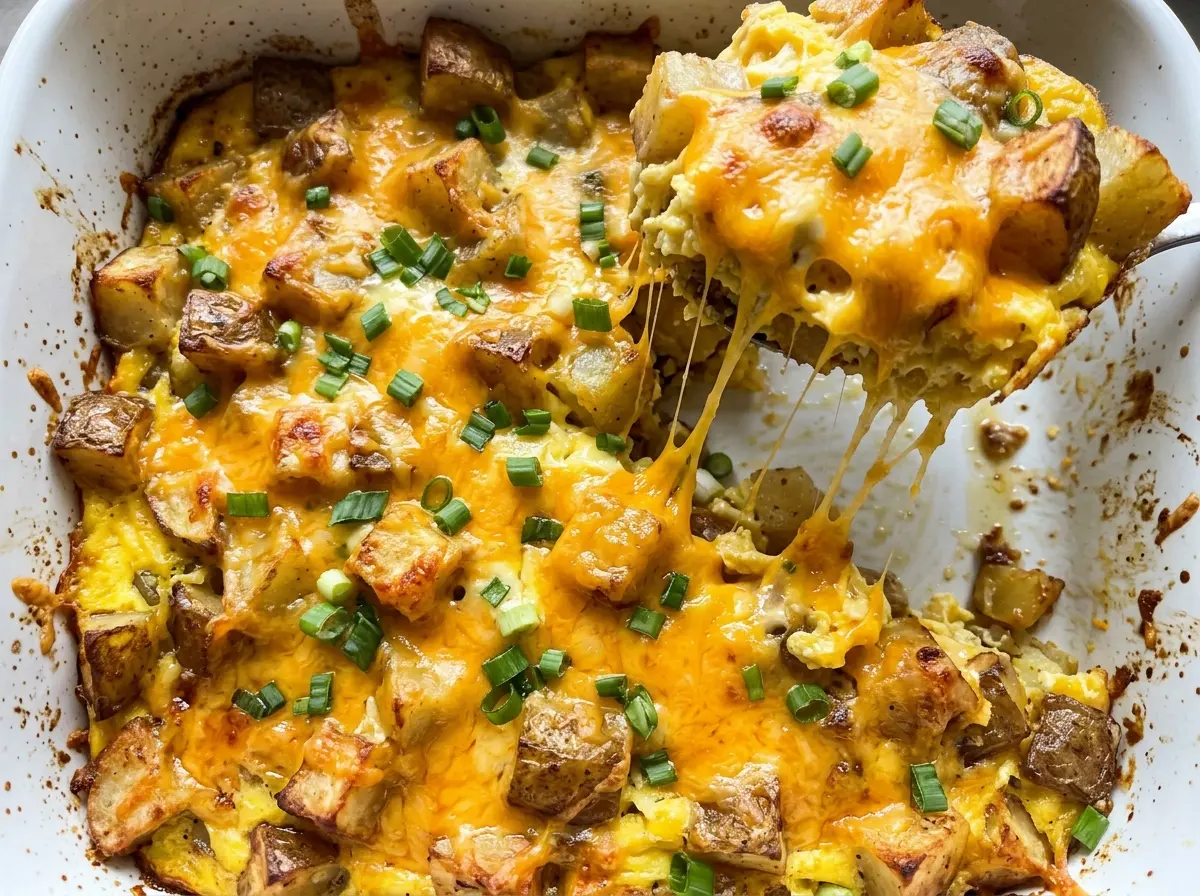 Cheesy Potato Breakfast Casserole golden cheesy top