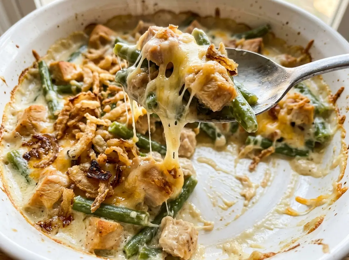 Chicken and green bean casserole, creamy and golden