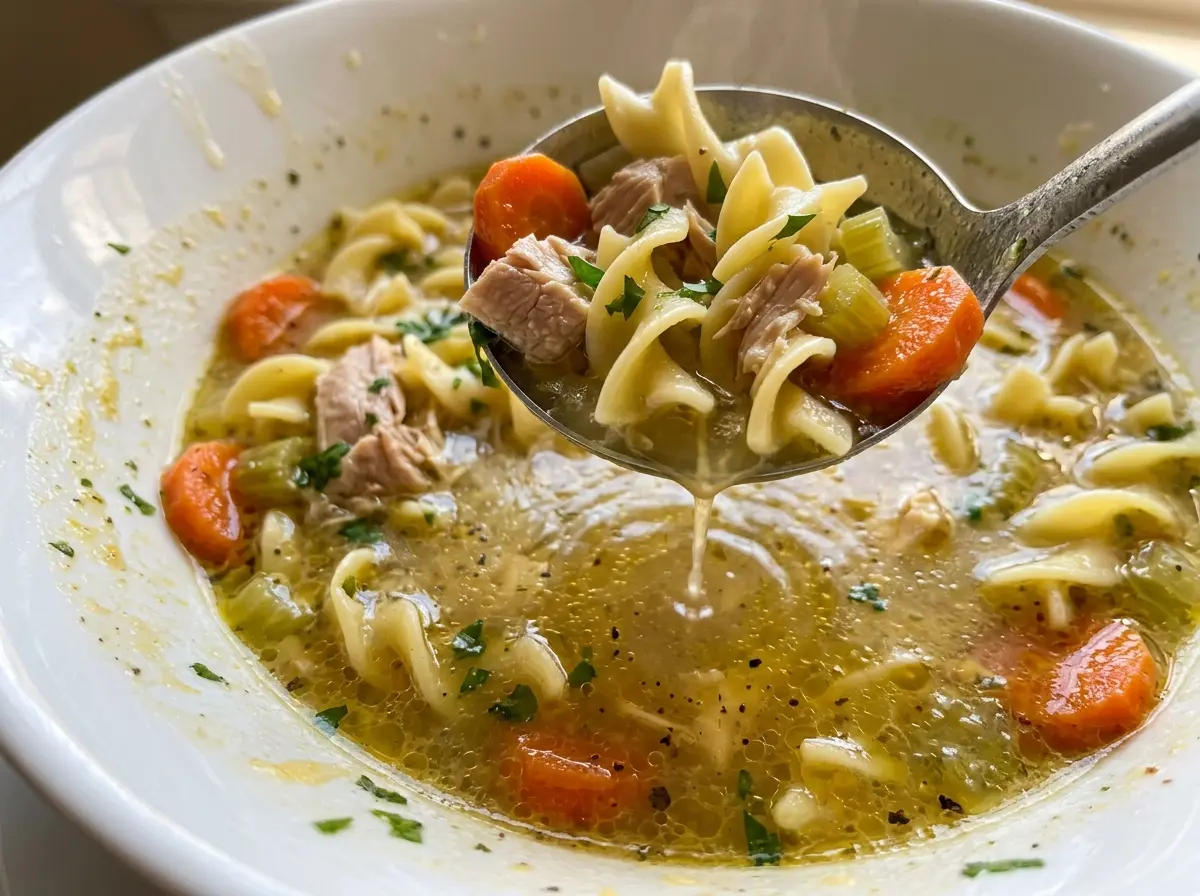 Chicken noodle soup with egg noodles, tender chicken and savory broth