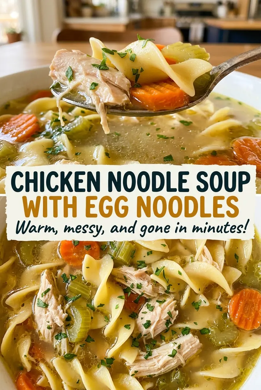 Chicken noodle soup with egg noodles, soft vegetables and fresh parsley