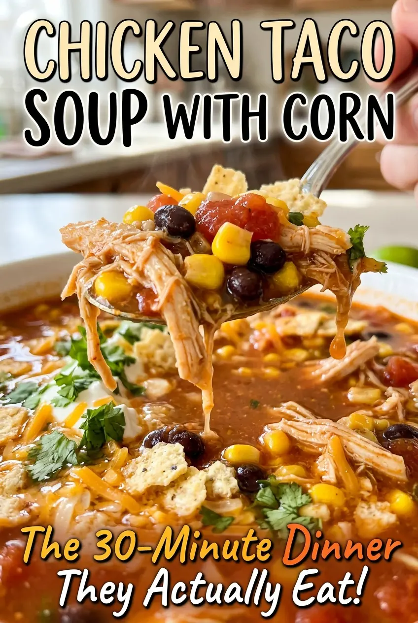 Chicken taco soup with corn, chunky and brothy