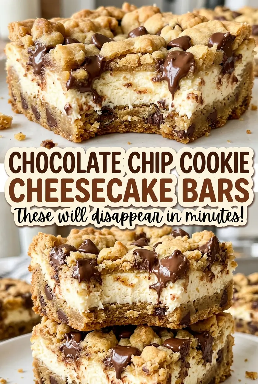 Chocolate Chip Cookie Cheesecake Bars creamy layered center