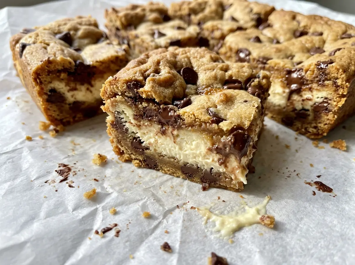 Chocolate Chip Cookie Cheesecake Bars golden crumbly top