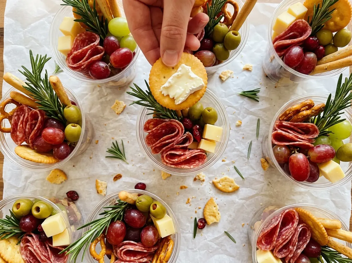 Christmas Charcuterie Cups with colorful cheese and grapes