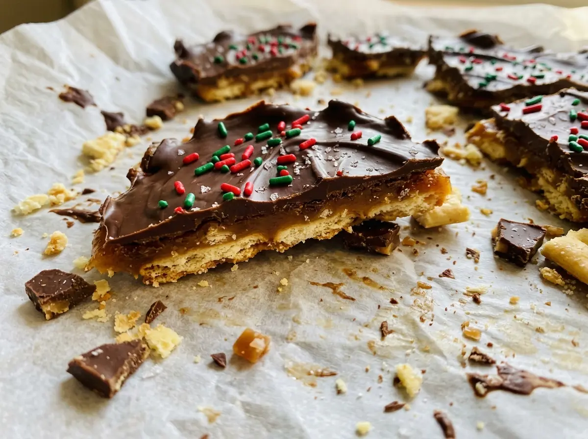 Christmas Crack with crisp saltines and glossy chocolate
