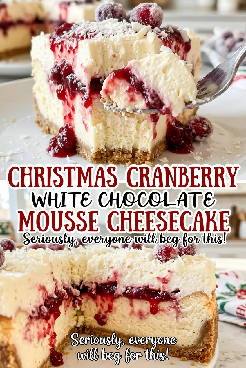 Christmas Cranberry White Chocolate Mousse Cheesecake with cranberry mousse layers