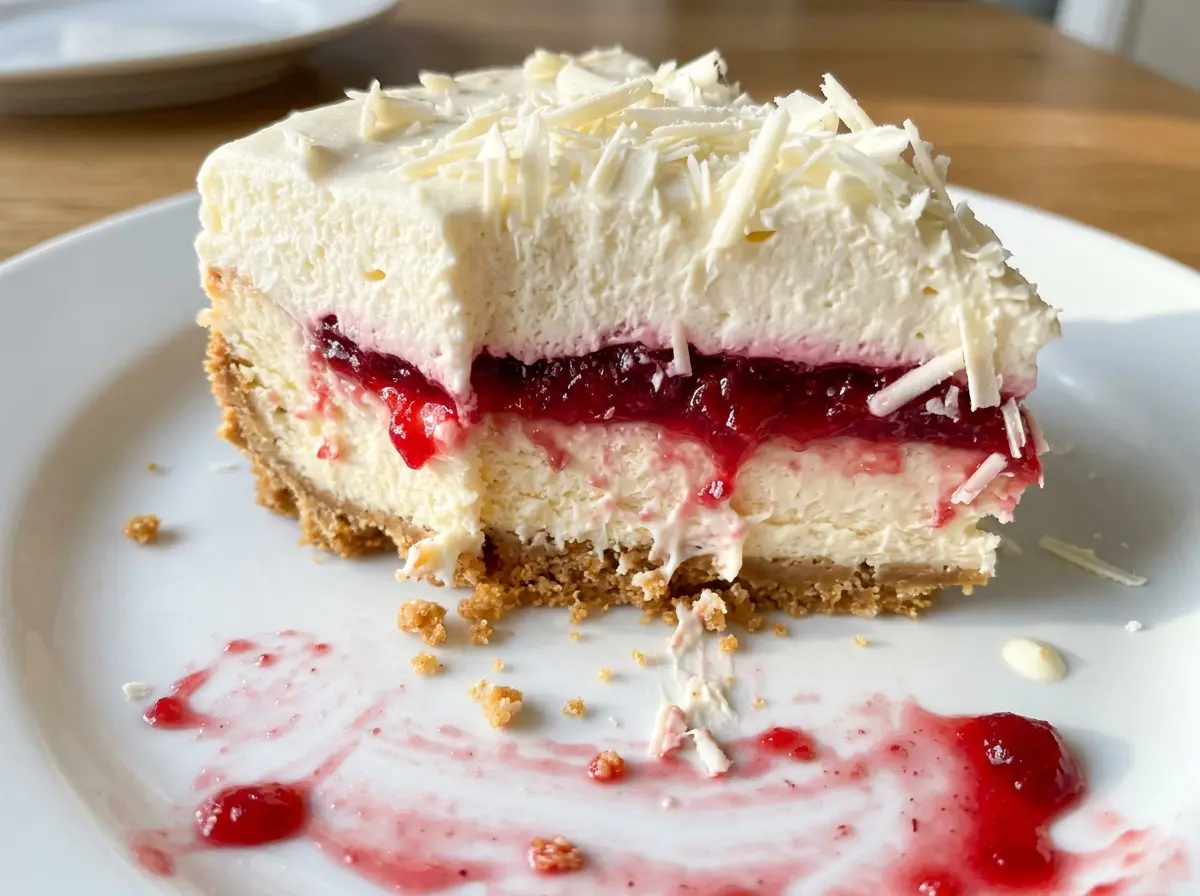 Christmas Cranberry White Chocolate Mousse Cheesecake with layered cranberry topping